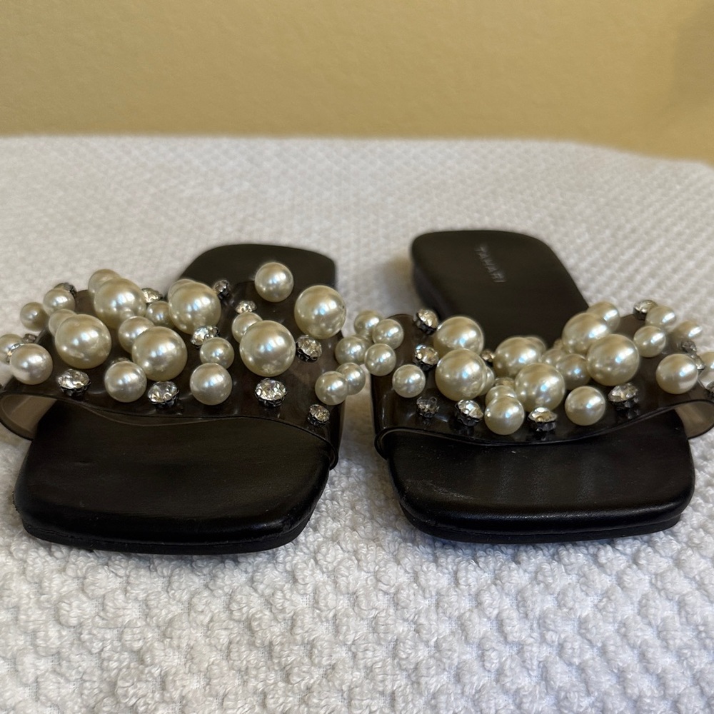 Tahari Black Slide Sandals with Pearl & Crystal Accents - Picture 2 of 7